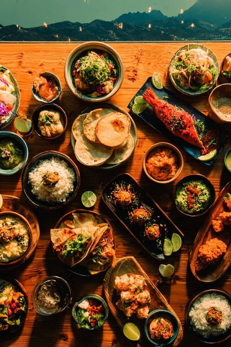 A variety of Latin American street food dishes including tacos and empanadas.