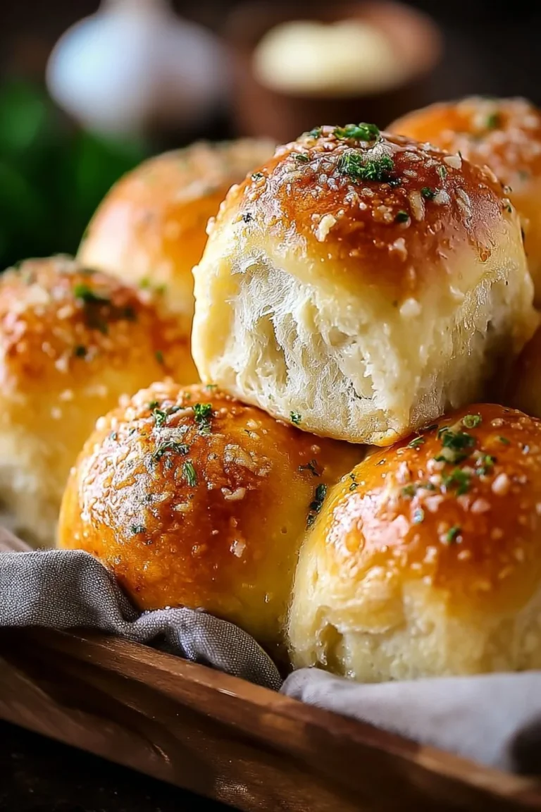 Freshly baked garlic parmesan dinner rolls in a basket