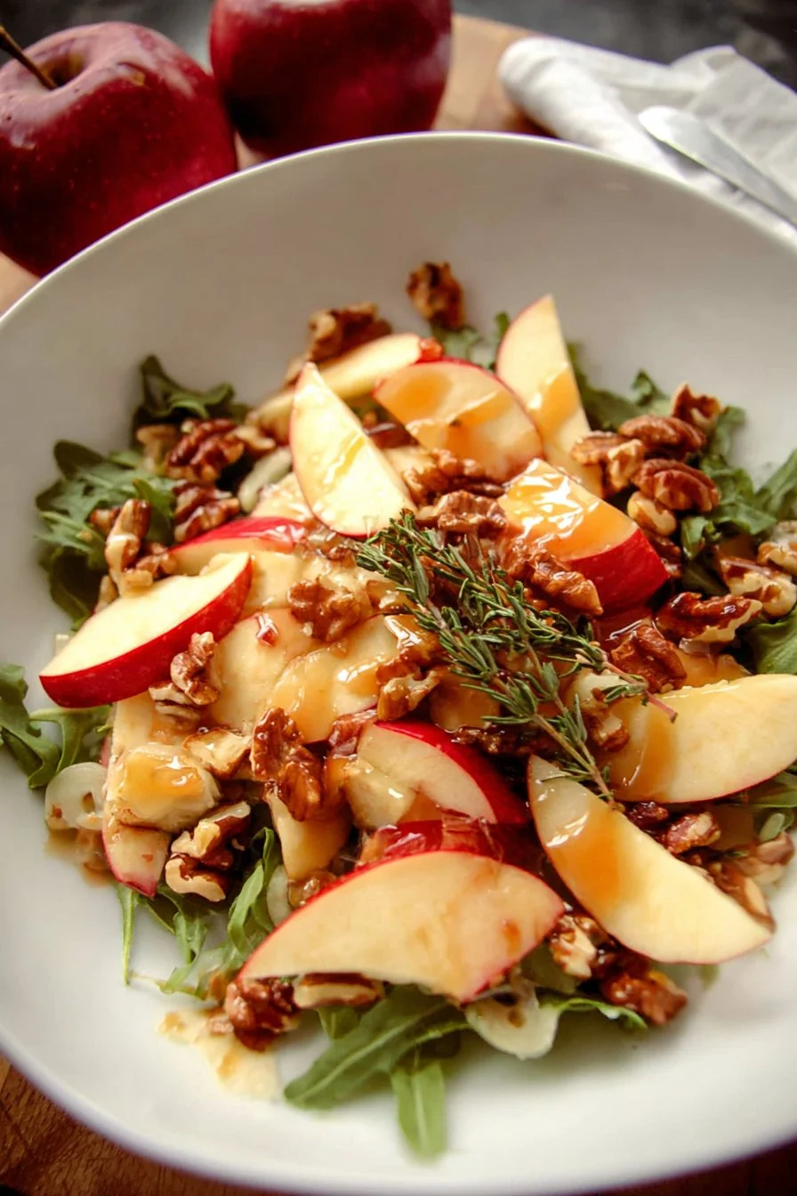 Fresh Apple Walnut Salad with greens, walnuts, and apple slices in a bowl