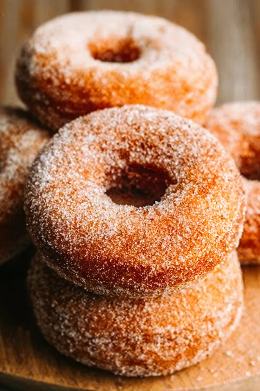 Freshly baked apple cider donuts with cinnamon sugar topping