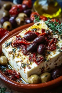 Delicious baked feta with olives and sun-dried tomatoes served in a dish