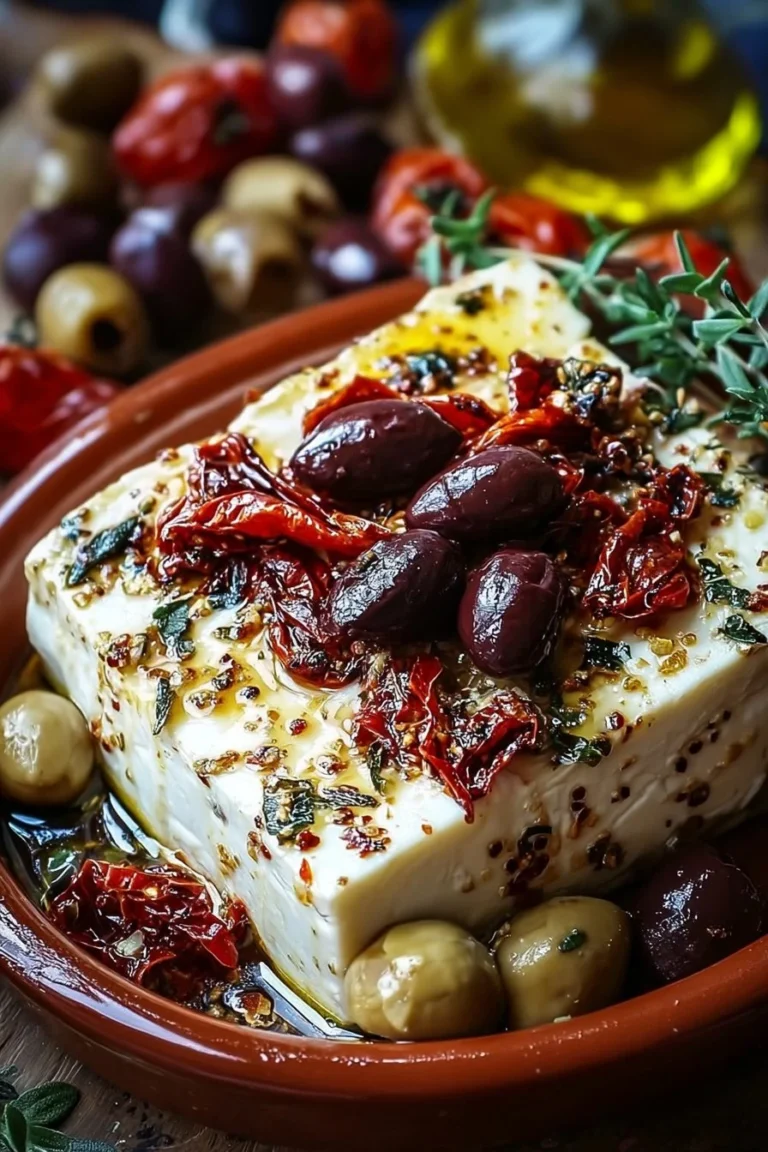 Delicious baked feta with olives and sun-dried tomatoes served in a dish