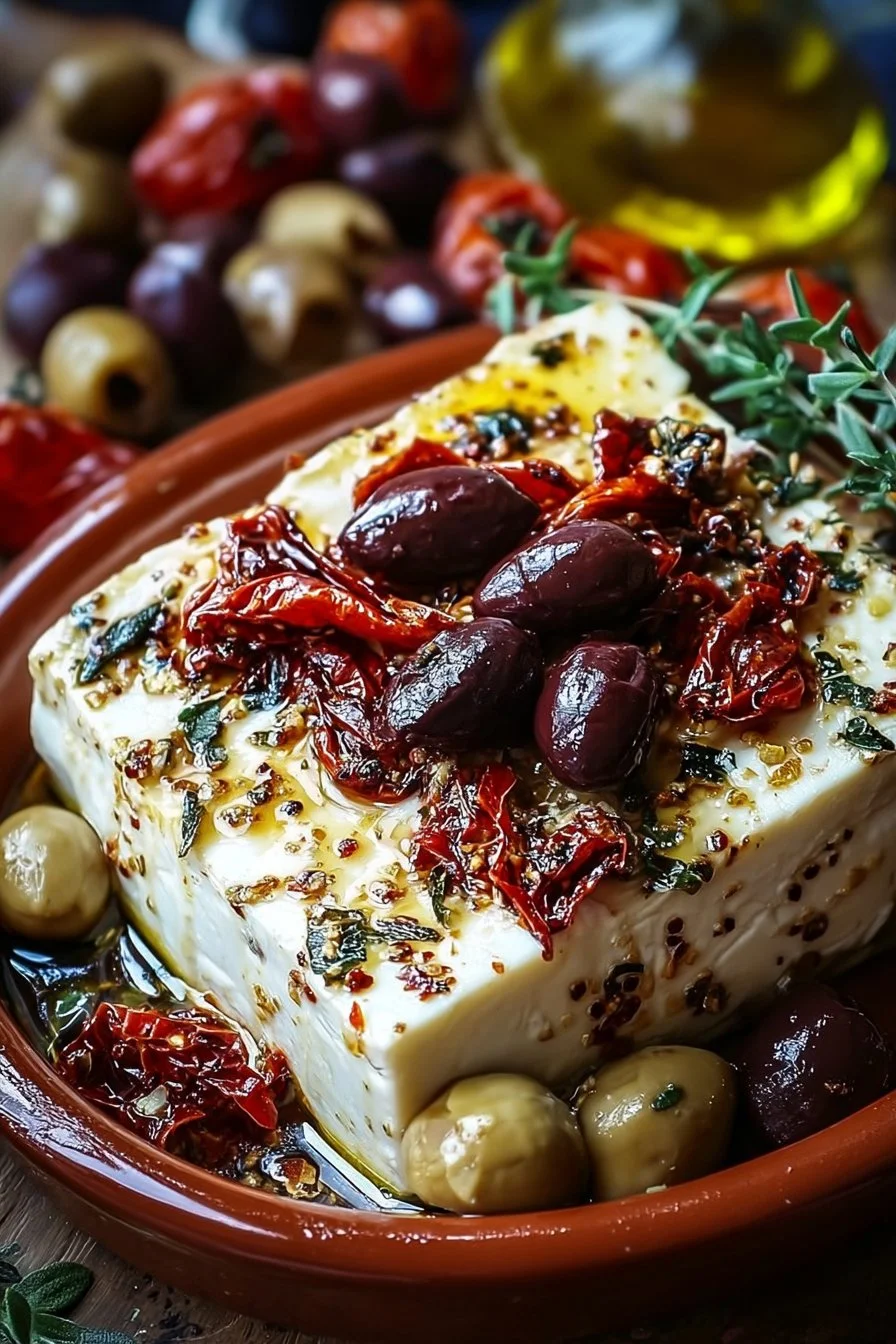 Delicious baked feta with olives and sun-dried tomatoes served in a dish