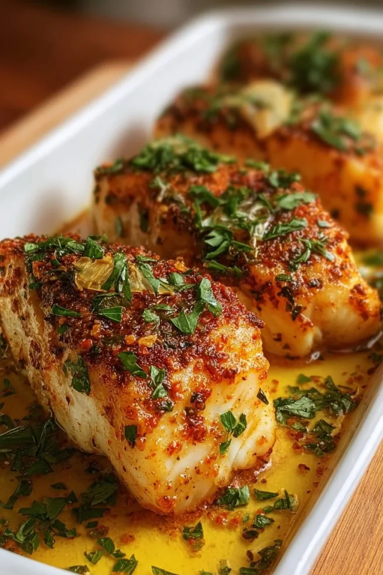 Baked Garlic Butter Cajun Cod on a plate garnished with herbs
