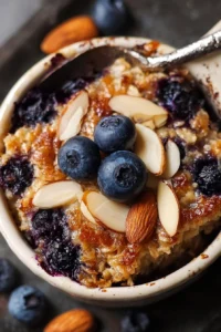 Baked oats topped with fresh blueberries and sliced almonds in a bowl
