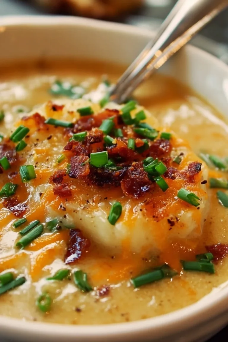 Delicious creamy baked potato soup garnished with green onions and cheese
