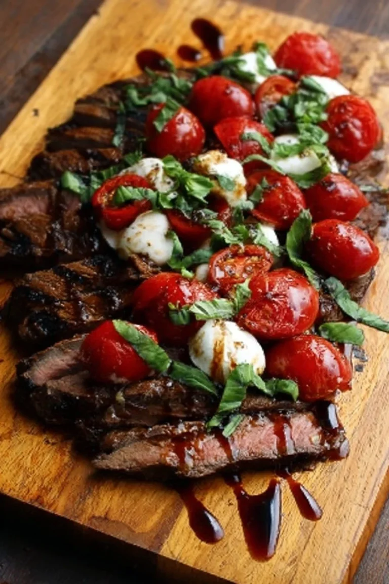 Juicy Balsamic Grilled Flank Steak Caprese with fresh mozzarella and basil