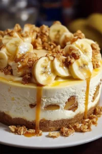 Delicious banana pudding crunch cheesecake topped with whipped cream and banana slices.