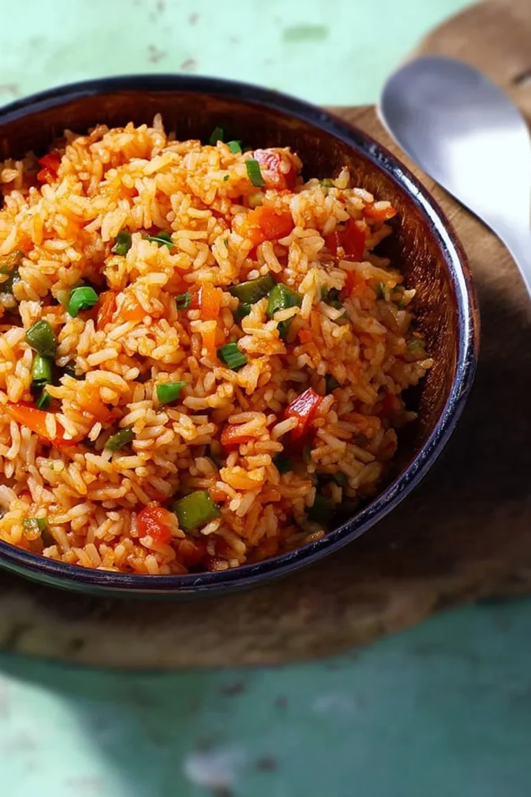 Bowl of delicious Djuvec Rice with colorful vegetables and spices on a rustic table