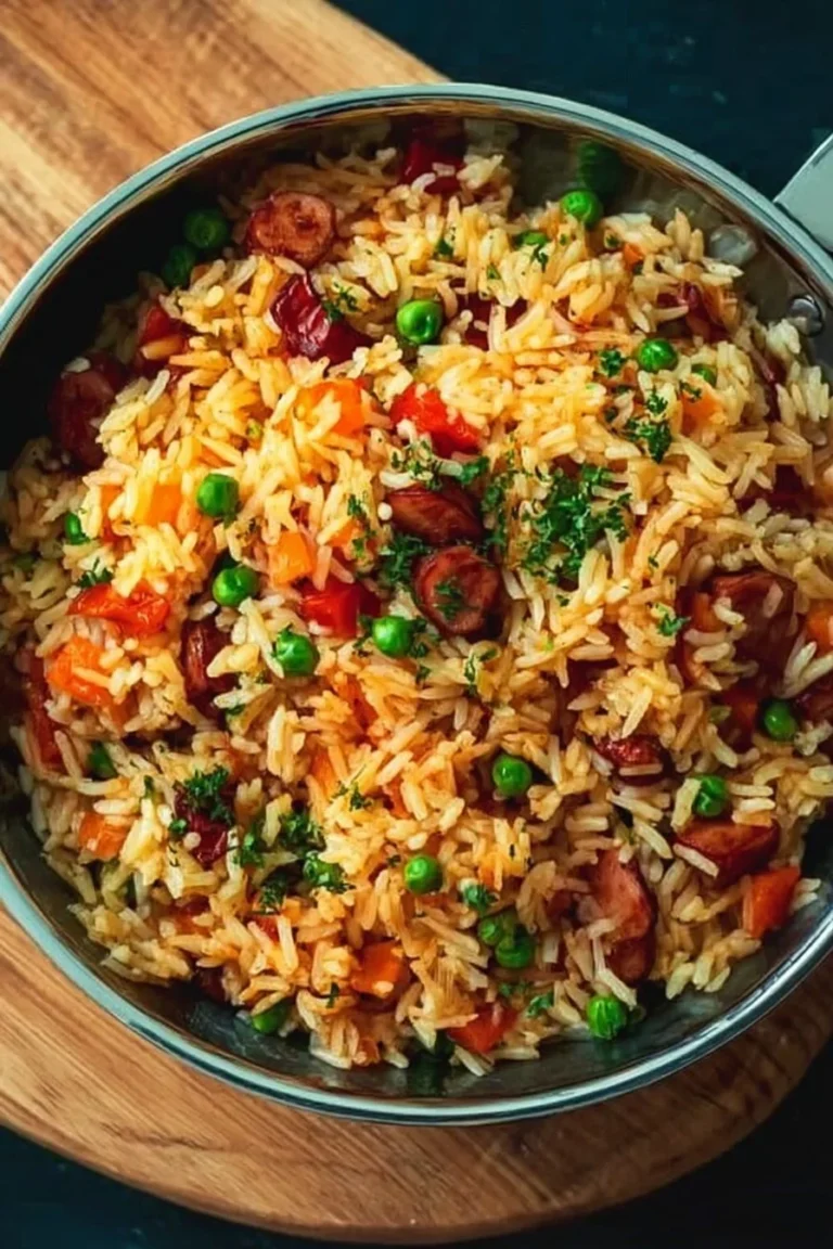 Delicious Djuvec Rice served in a bowl with colorful vegetables and spices.