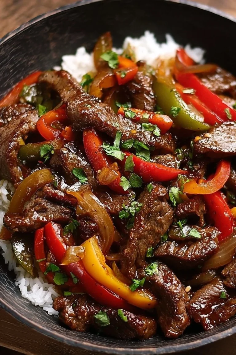 Delicious plate of best ever pepper steak with colorful bell peppers