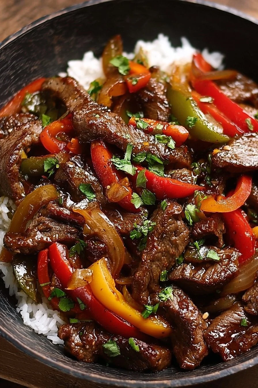 Delicious plate of best ever pepper steak with colorful bell peppers