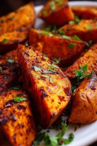 Deliciously roasted sweet potatoes, crispy on the outside and tender inside.