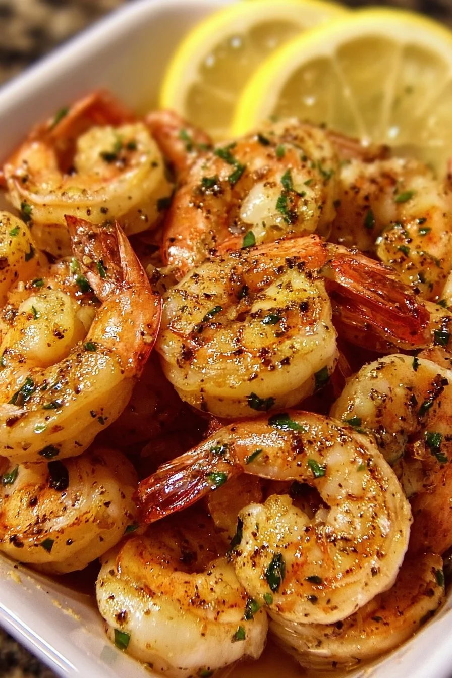 Delicious plate of best lemon garlic shrimp garnished with fresh herbs