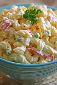 Delicious bowl of macaroni salad with colorful vegetables and dressing
