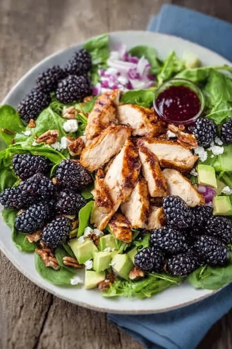 Delicious Blackberry Chicken Salad with grilled chicken, fresh greens, and blackberries