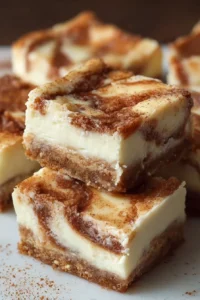 Blender Cinnamon Roll Cheesecake Bars topped with cinnamon and cream cheese frosting.