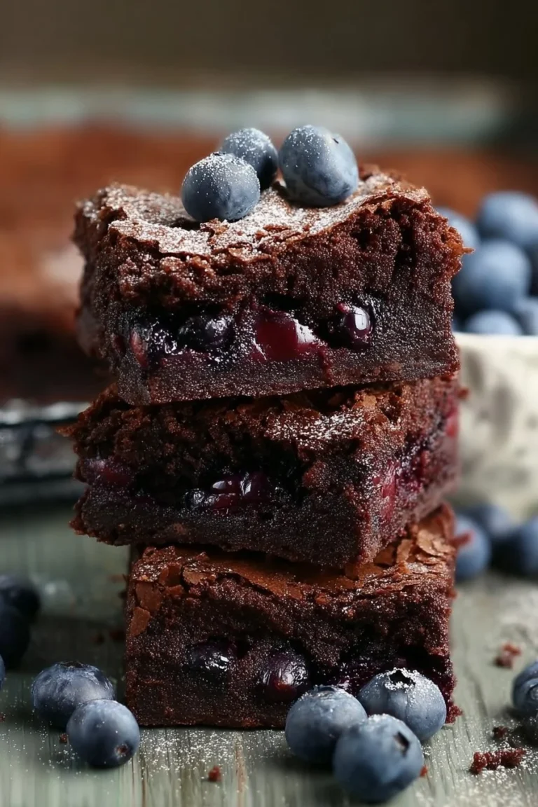 Delicious blueberry brownies topped with fresh blueberries and a chocolate drizzle