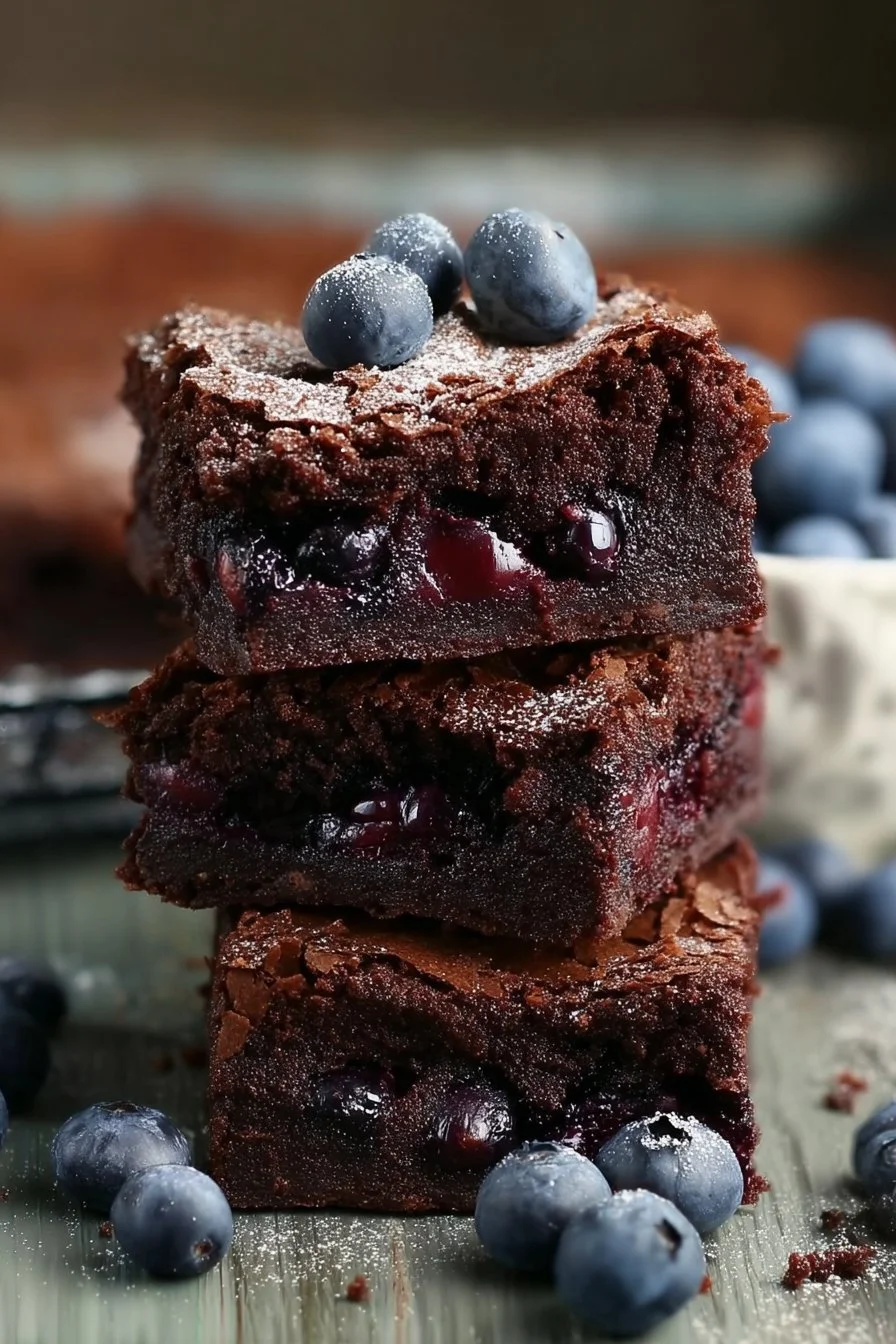 Delicious blueberry brownies topped with fresh blueberries and a chocolate drizzle