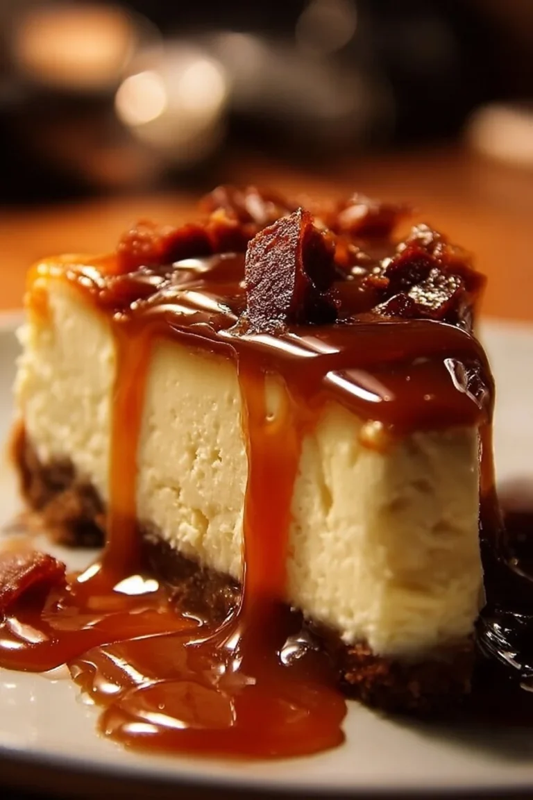 Delicious Bourbon Caramel Cheesecake topped with caramel sauce and bourbon