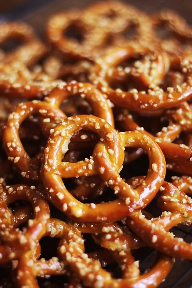 Delicious butter toffee pretzels drizzled with caramel and sprinkled with nuts