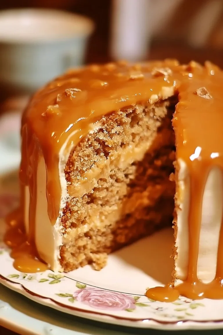 Delicious butterscotch cake with caramel icing on a rustic wooden table