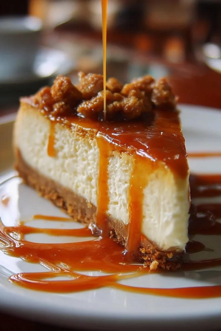 Delicious butterscotch cheesecake with a rich butterscotch sauce drizzle