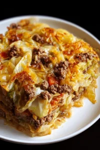 Deliciously baked cabbage and beef casserole served in a dish