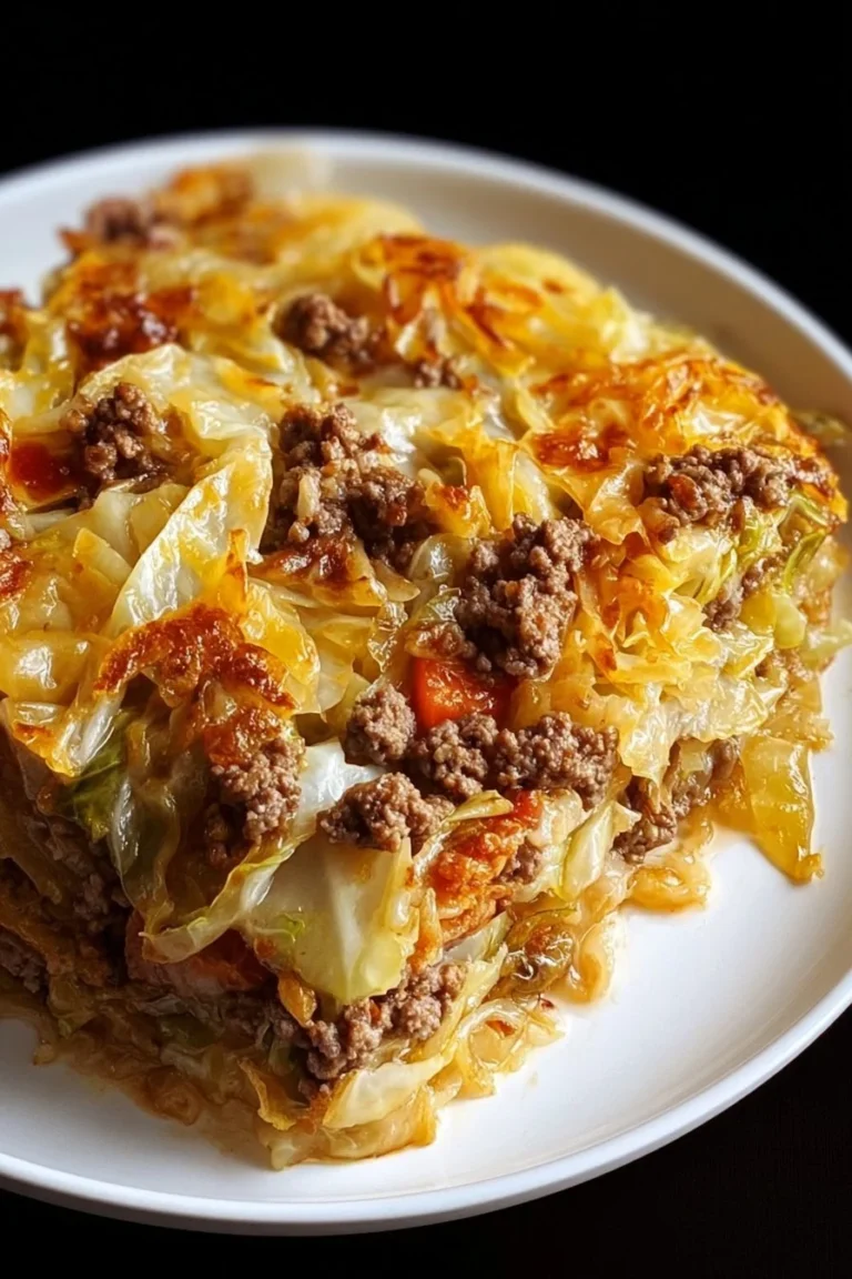Deliciously baked cabbage and beef casserole served in a dish