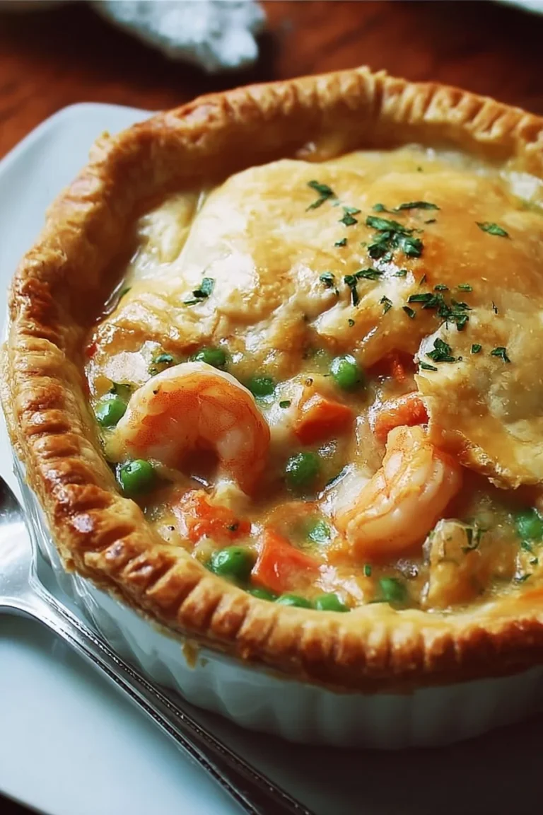 Delicious Cajun seafood pot pie with shrimp, crab, and spices in a flaky crust