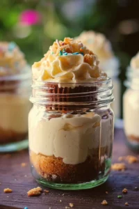 Delicious cake in a jar with layers of frosting and cake