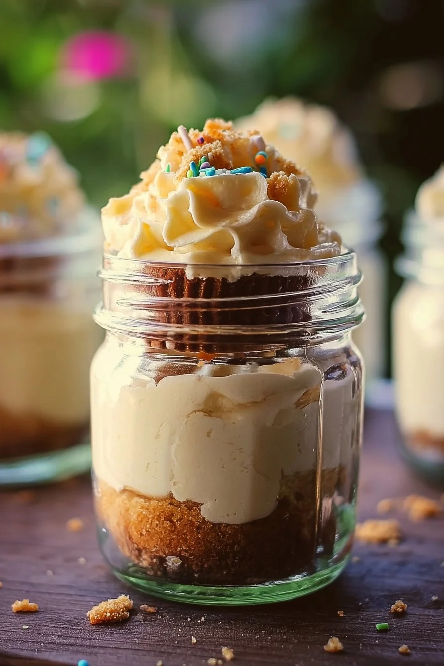 Delicious cake in a jar with layers of frosting and cake
