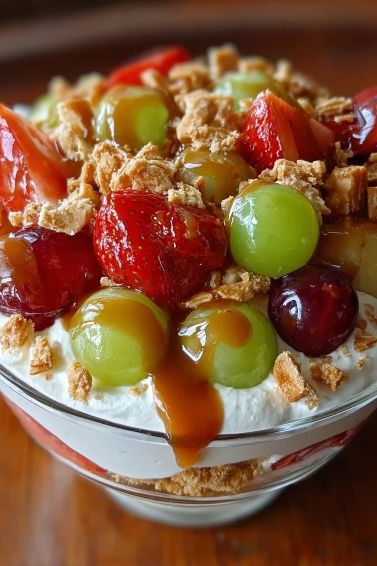 Delicious Caramel Crunch Cheesecake Fruit Salad with fresh fruits and caramel drizzles.