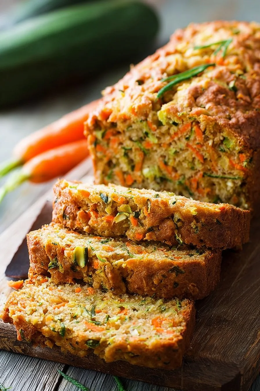 Slice of Carrot Apple Zucchini Bread on a wooden table with fresh zucchini and carrots