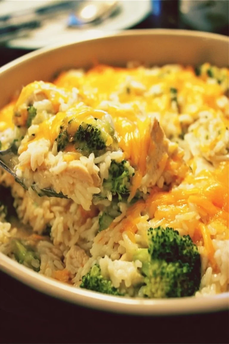 Cheesy broccoli chicken casserole with rice, a delicious baked meal.