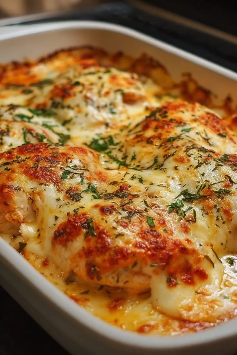 Baked Mozzarella Chicken topped with melted cheese and herbs