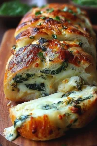 Cheesy spinach stuffed bread fresh out of the oven