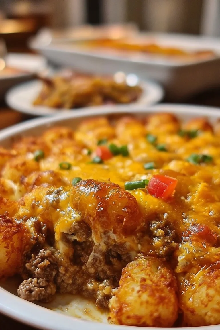 Cheesy Tater Tot Casserole topped with ground beef, Rotel, and golden tater tots
