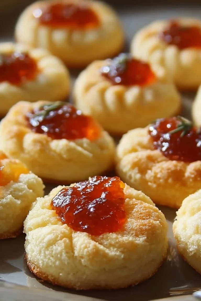 Cheesy thumbprint appetizers topped with hot pepper jelly on a serving platter.