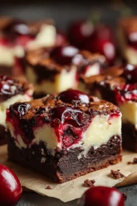 Delicious cherry cheesecake brownies topped with cherries and creamy cheesecake layer