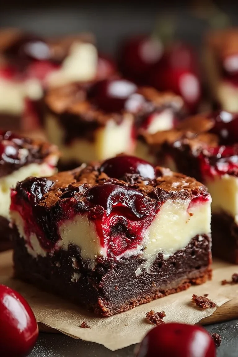 Delicious cherry cheesecake brownies topped with cherries and creamy cheesecake layer