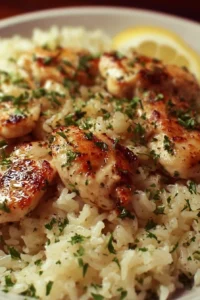 Delicious Chicken Scampi served with Garlic Parmesan Rice on a plate