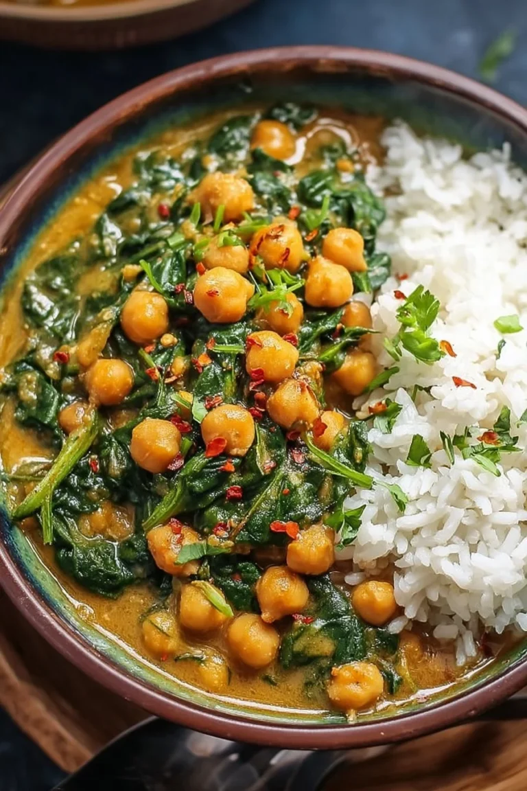 Chickpea Spinach Coconut Curry garnished with fresh spinach and spices