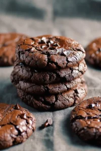 Delicious chocolate brownie cookies stacked on a plate