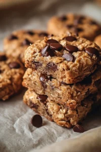 Chocolate Chip Peanut Butter Granola Cookie Bars stacked on a wooden plate