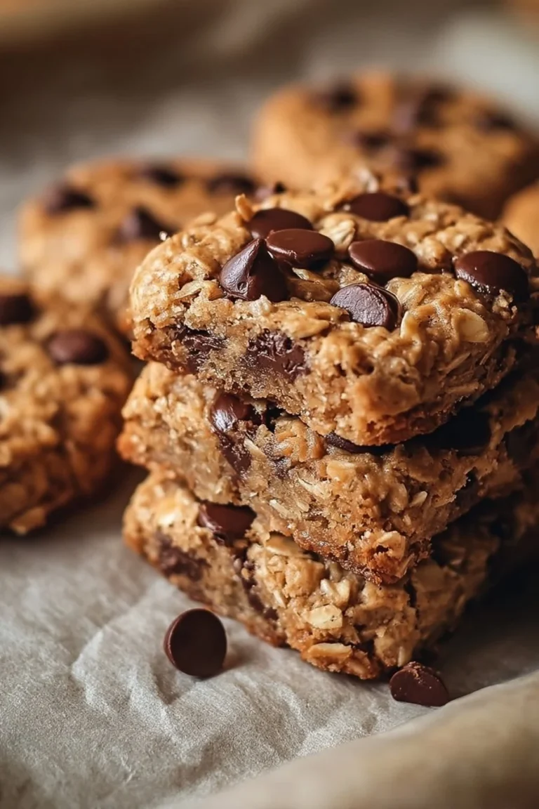 Chocolate Chip Peanut Butter Granola Cookie Bars stacked on a wooden plate
