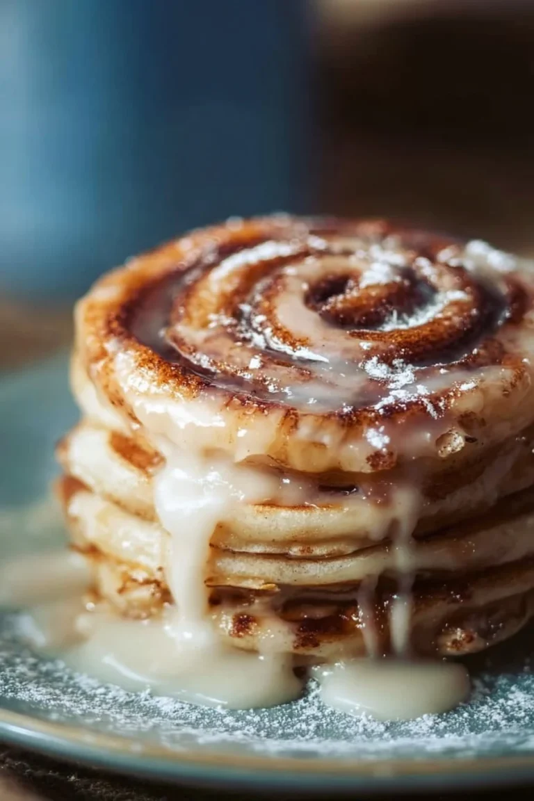 Delicious Cinnamon Roll Pancakes served with icing and cinnamon topping