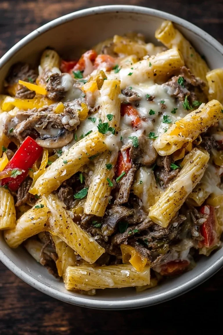Bowl of Classic Philly Cheesesteak Pasta topped with cheese and herbs