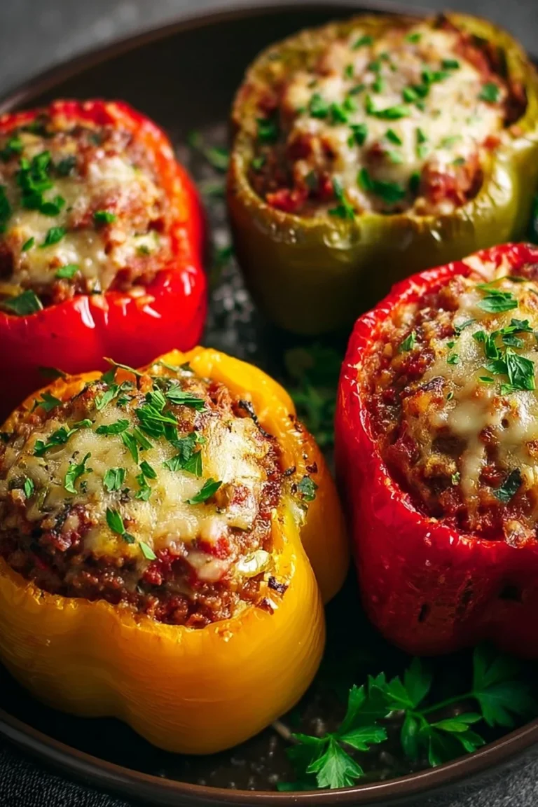 Delicious classic stuffed bell peppers filled with rice and ground meat.