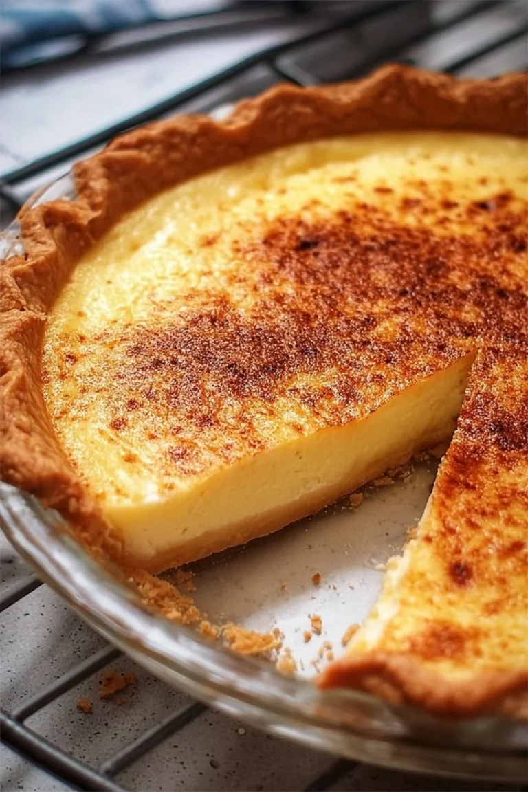 Sliced classic vanilla custard pie ready to be served.